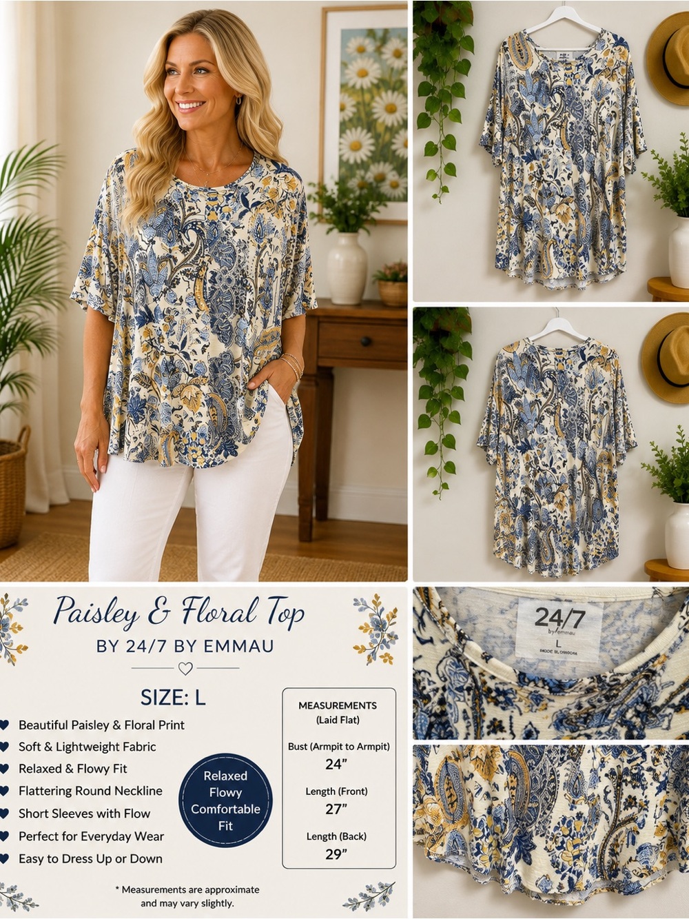 24/7 by Emmau Blue & Cream Paisley Floral Round Neck Tunic
